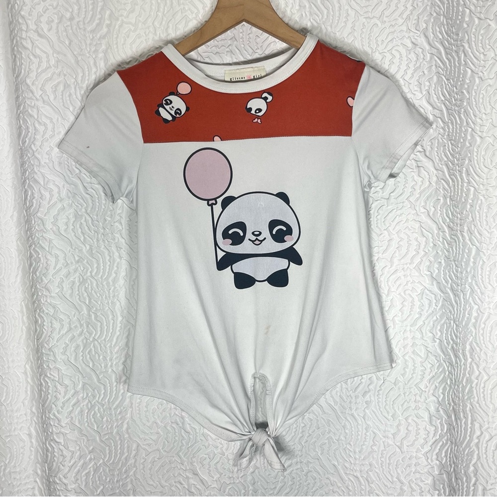 GLITTER GIRL Panda & Pink Balloon Color Block Shoulder Front Tie Tee